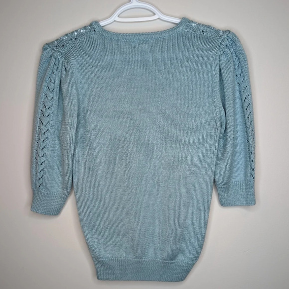Vintage Koret Eyelet Knit Crochet Blue 3/4  Sleeve Sweater Woman Small - Picture 2 of 7
